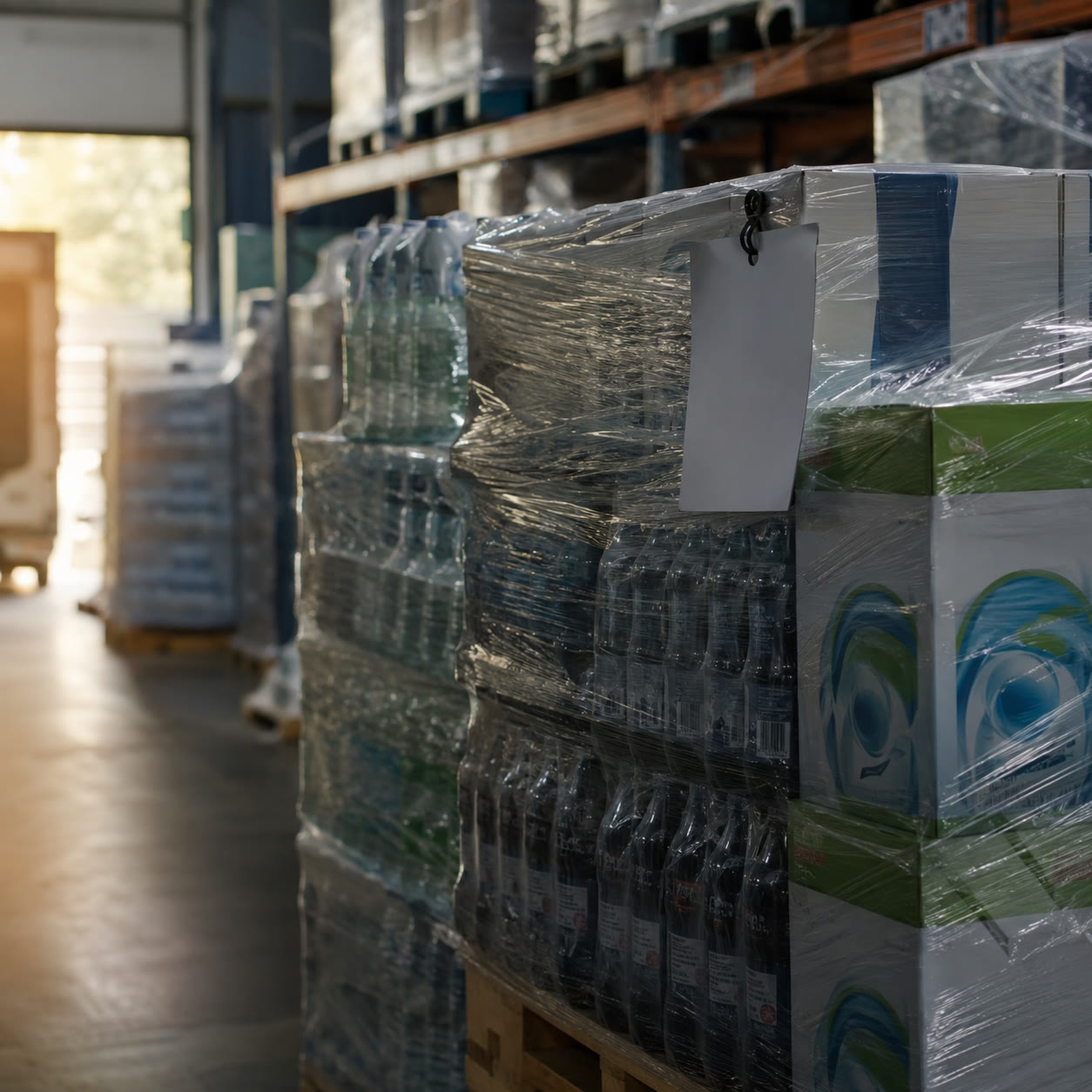 Shrink-wrapped pallets of bottled stock in a distribution warehouse