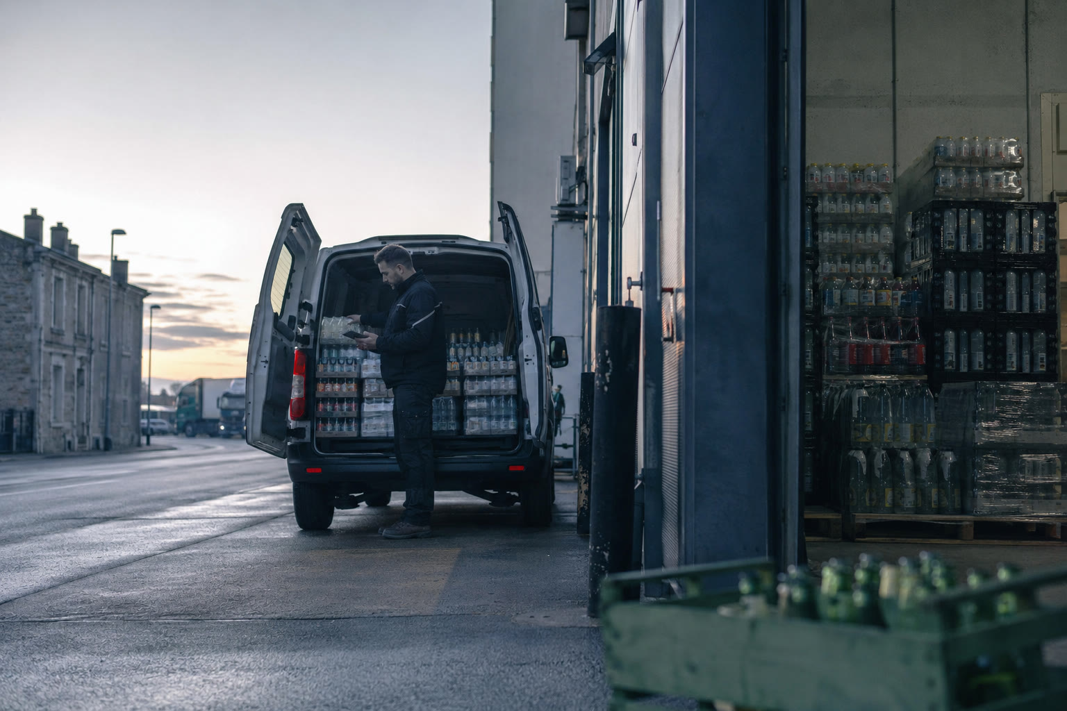 Loading a delivery van at the warehouse dock at dusk
